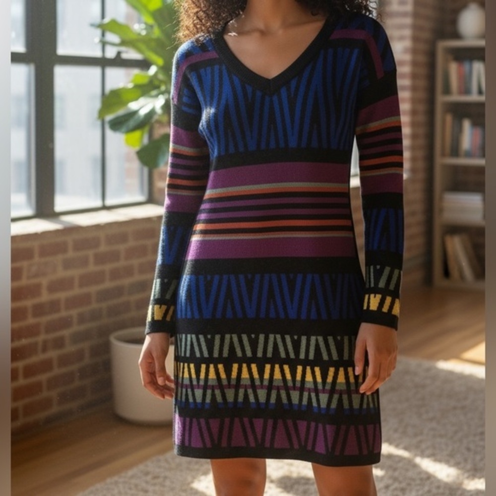 Phoebe Couture Wool Blend Sweater Dress XS Black Multicolor Geometric Knit